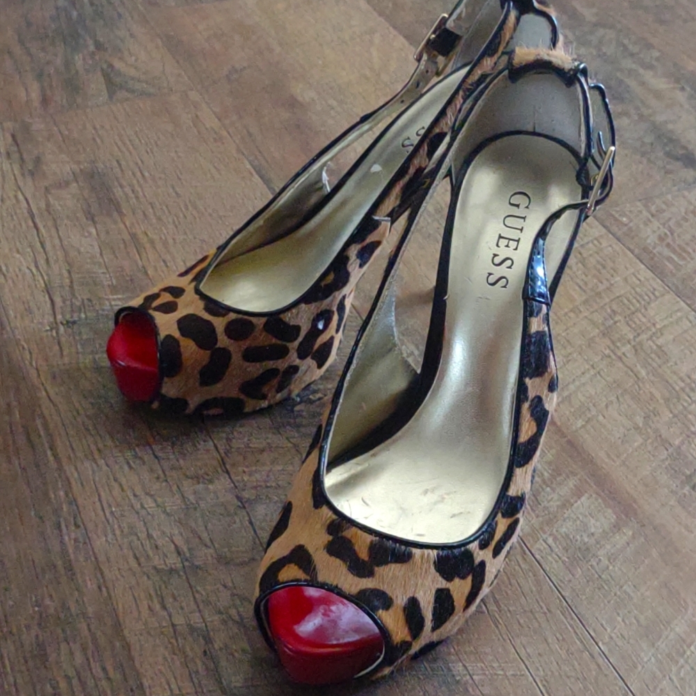 Guess Leopard Print Peep Toe Heels with Red Accents